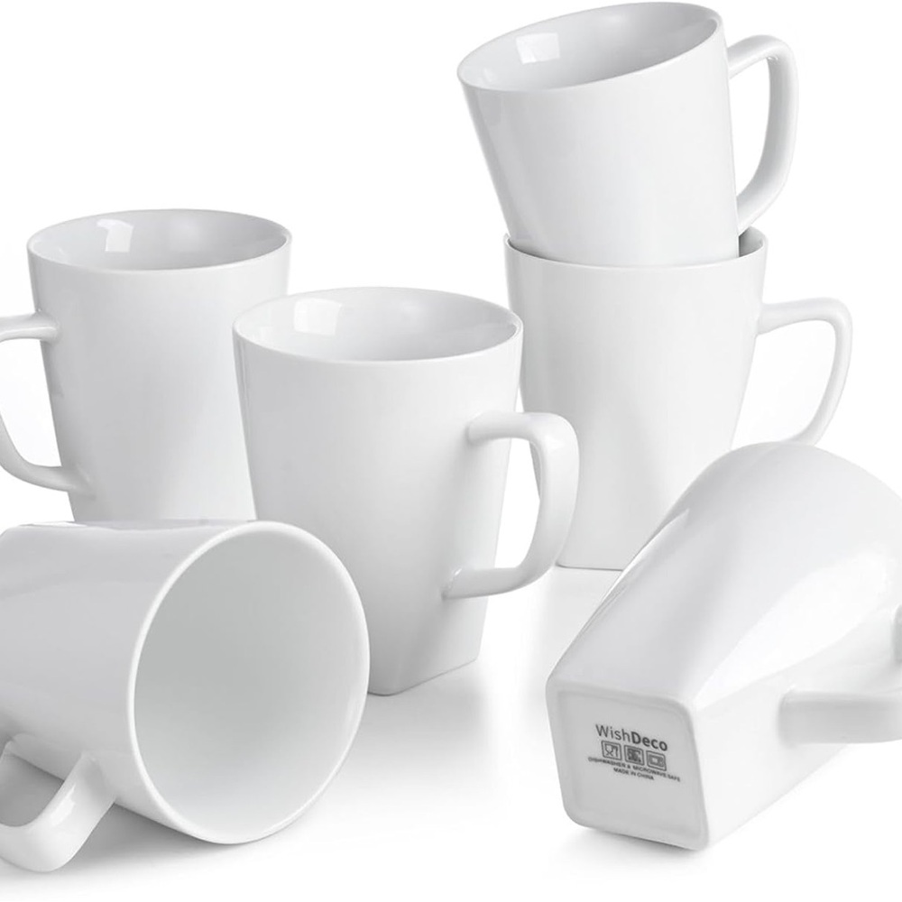 Porcelain Coffee Mugs Set of 6, Large Coffee Cups 14 oz, White Tea Cups, Ceramic